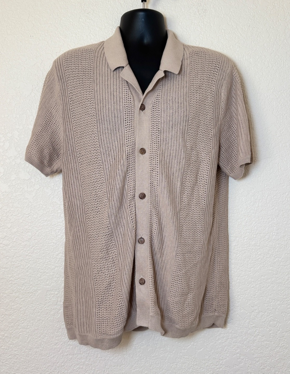 Marine Layer Cotton Knit Resort Shirt Mens Large Beige Johnny Collar Summer
